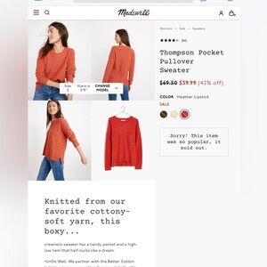 Madewell Thompson Pocket Pullover Sweater, size S